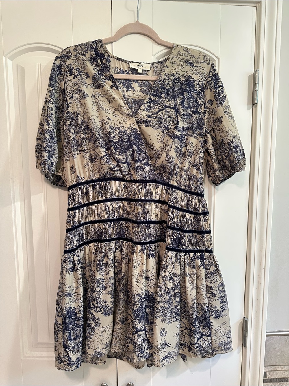 entro Beige and Navy Printed Short Sleeve Tunic Dress